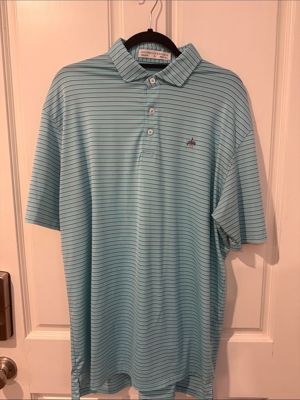 Holderness & Bourne Men's Light Aqua Striped Polo with Embroidered Acorn Logo